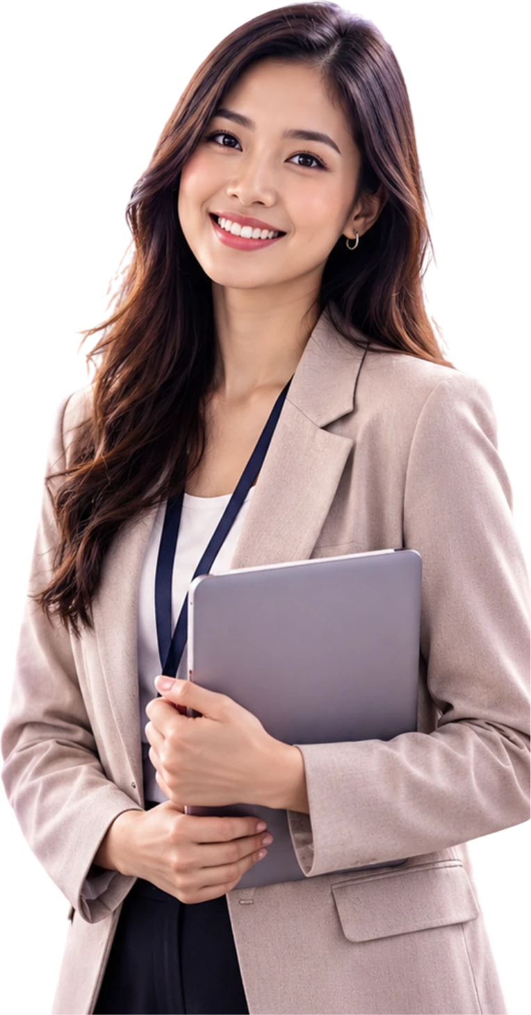 A RecruitFirst consultant holding a tablet, smiling towards the reader